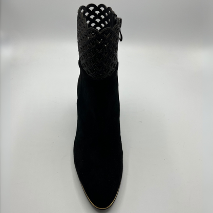 Top view of a black high heeled boot with shimmer detail