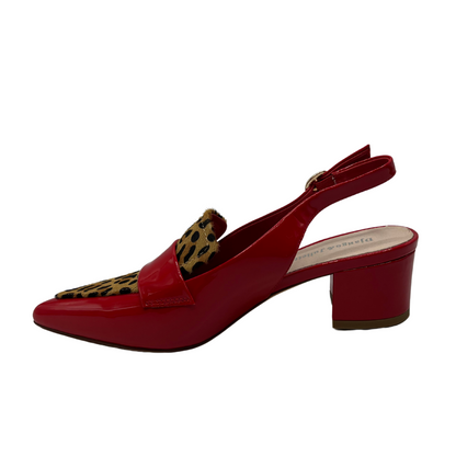 Left facing view of a red patent leather sling back heel with leopard print detail on upper. Featuring a wrapped block heel and pointed toe.