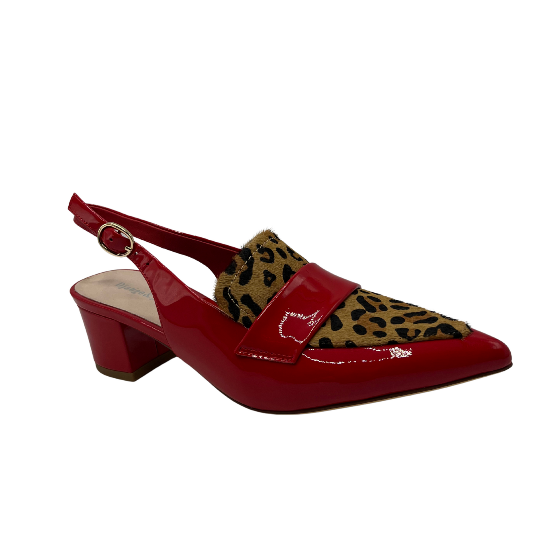 Angled view of a red patent leather sling back heel with leopard print detail on upper. Featuring a wrapped block heel and pointed toe.