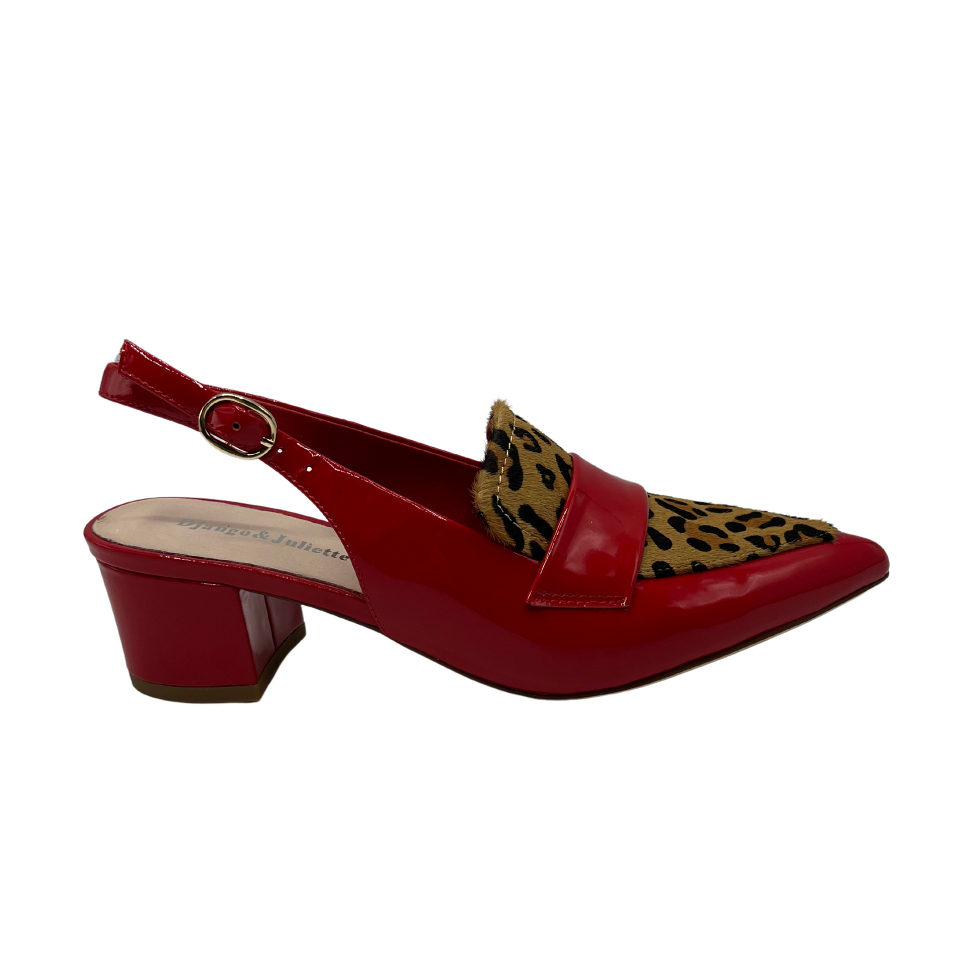 Right facing view of a red patent leather sling back heel with leopard print detail on upper. Featuring a wrapped block heel and pointed toe.