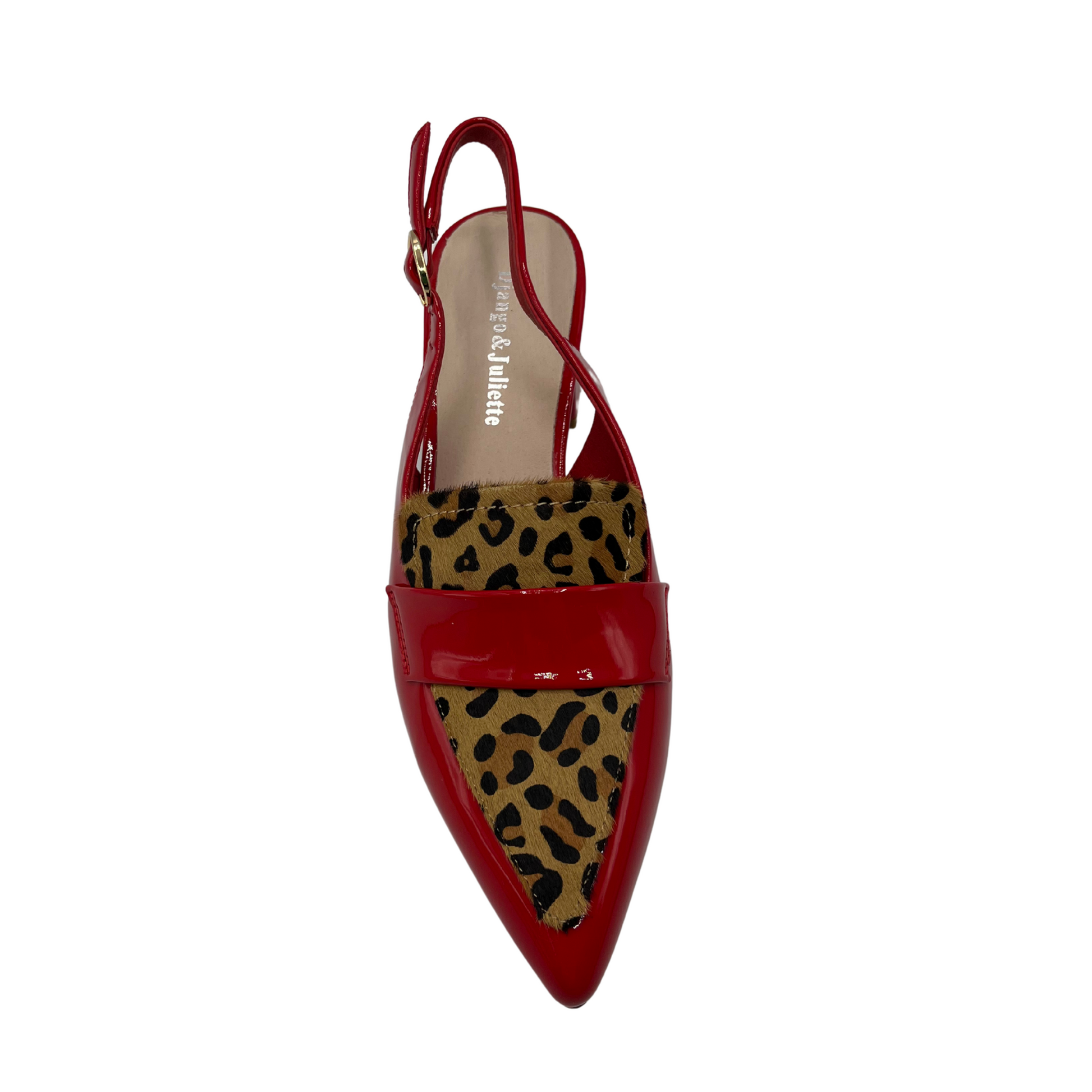 Top view of a red patent leather sling back heel with leopard print detail on upper. Featuring a wrapped block heel and pointed toe.