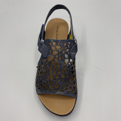 Blue sandal with cut-out design on a white background
