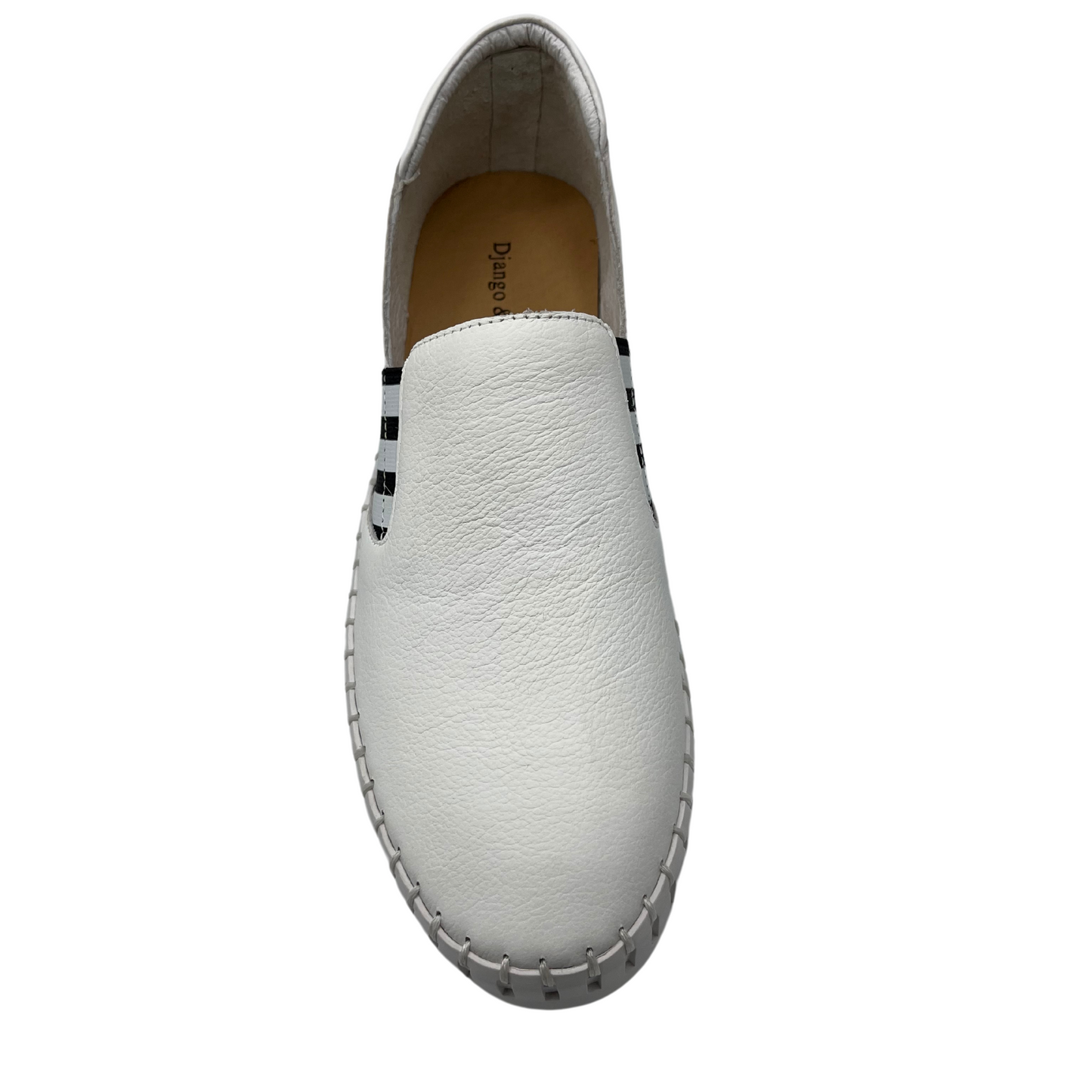 Top view of white leather slip on shoe with leather lining and rounded toe