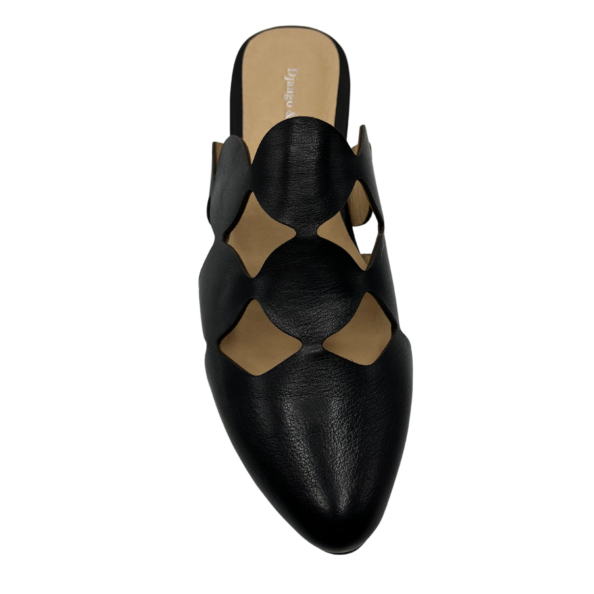 Top view of black leather slip on mule with circular cutouts and pointed toe