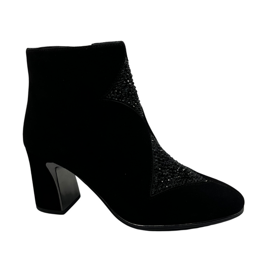 45 degree angled view of black suede ankle boot with black jewel accents