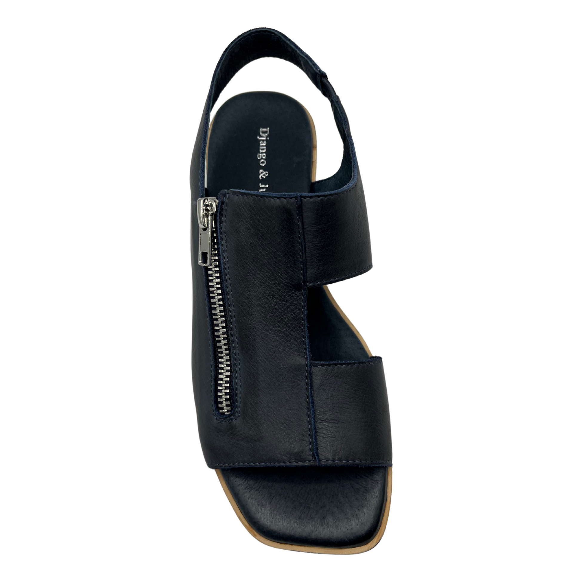 Top view of navy leather sandal with a silver size zipper, square toe, low wedge heel and sling back strap.