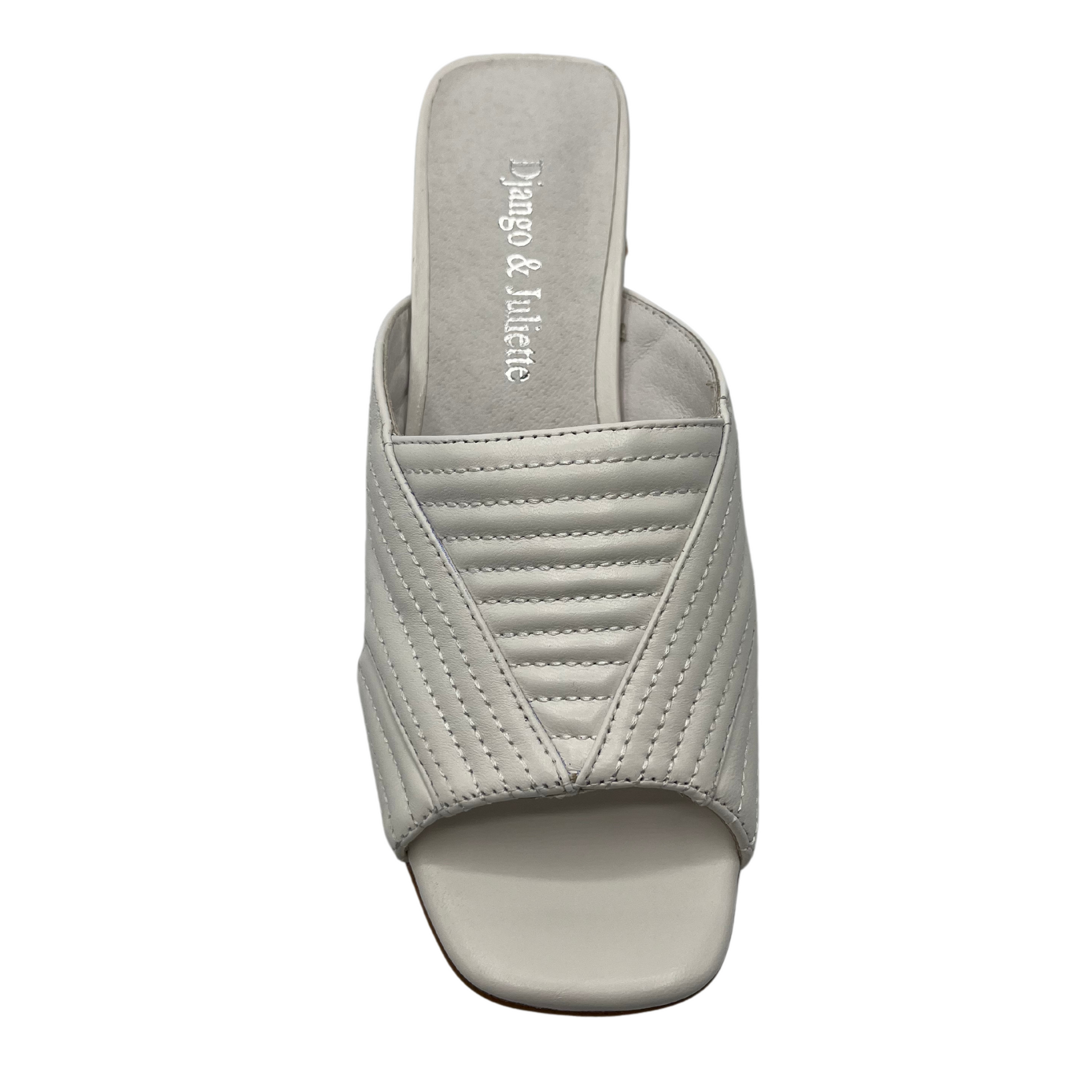 Top view of white leather sandal with square toe and quilted style upper