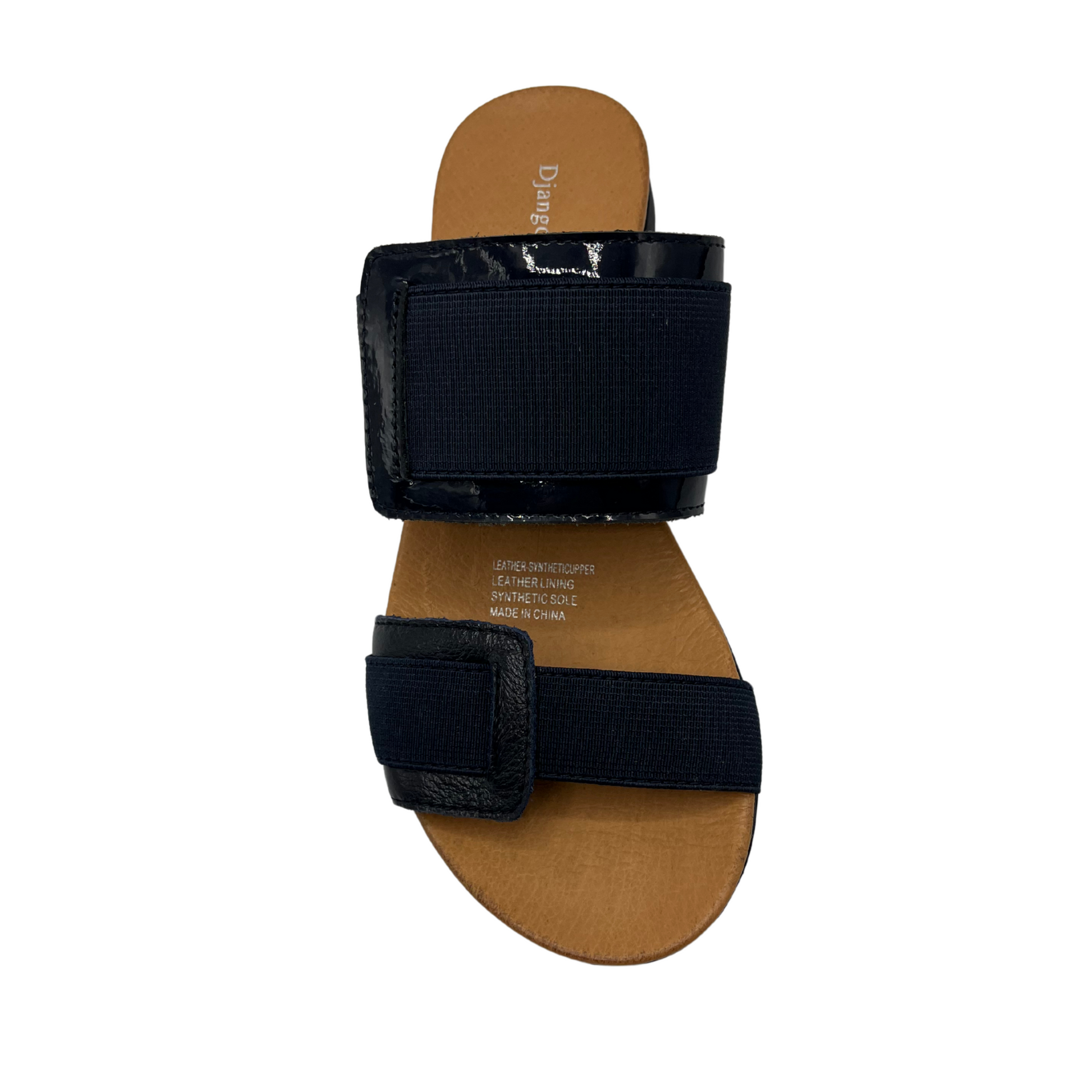 Top view of navy slip on sandal with a lightweight, flexible outsole.