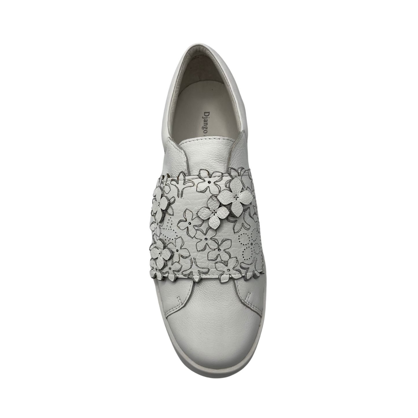 Top view of white leather sneaker with a 4.5cm platform sole and floral details on the large velcro strap.