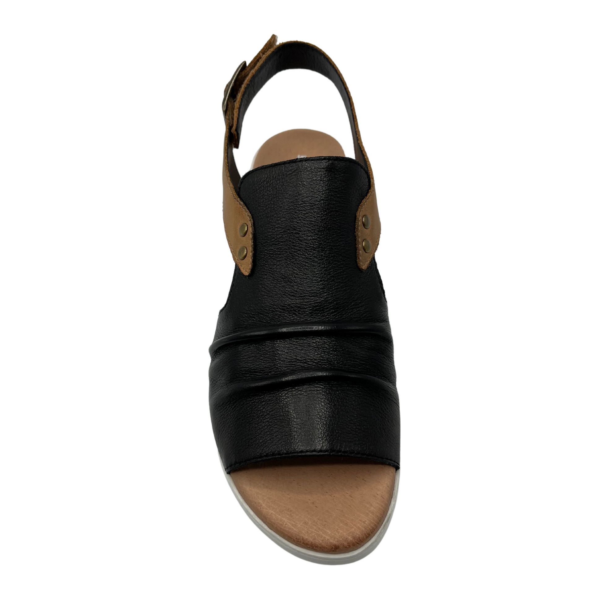 Top view of black leather sandal with brown leather slingback strap