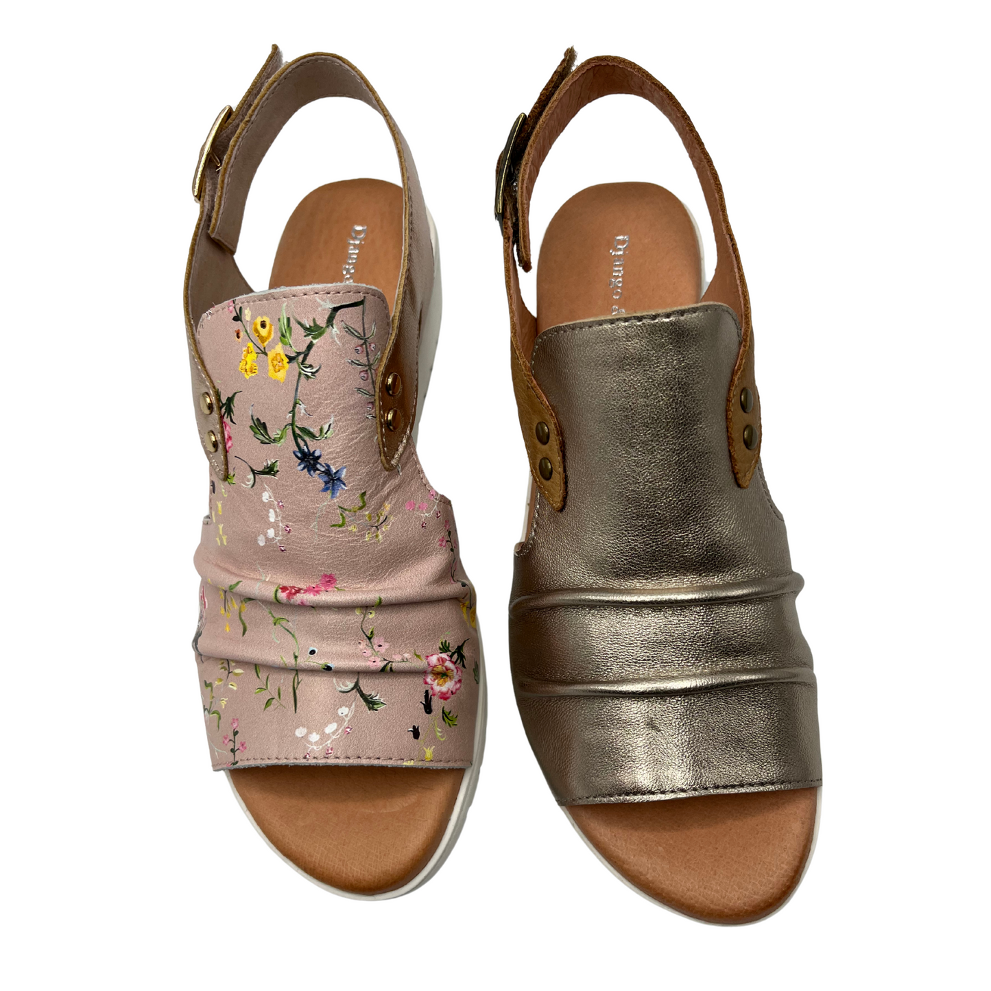 Top view of two leather sandals side by side. One is a floral pattern and the other is champagne gold with a tan strap. Both have a slingback strap and rounded peep toe