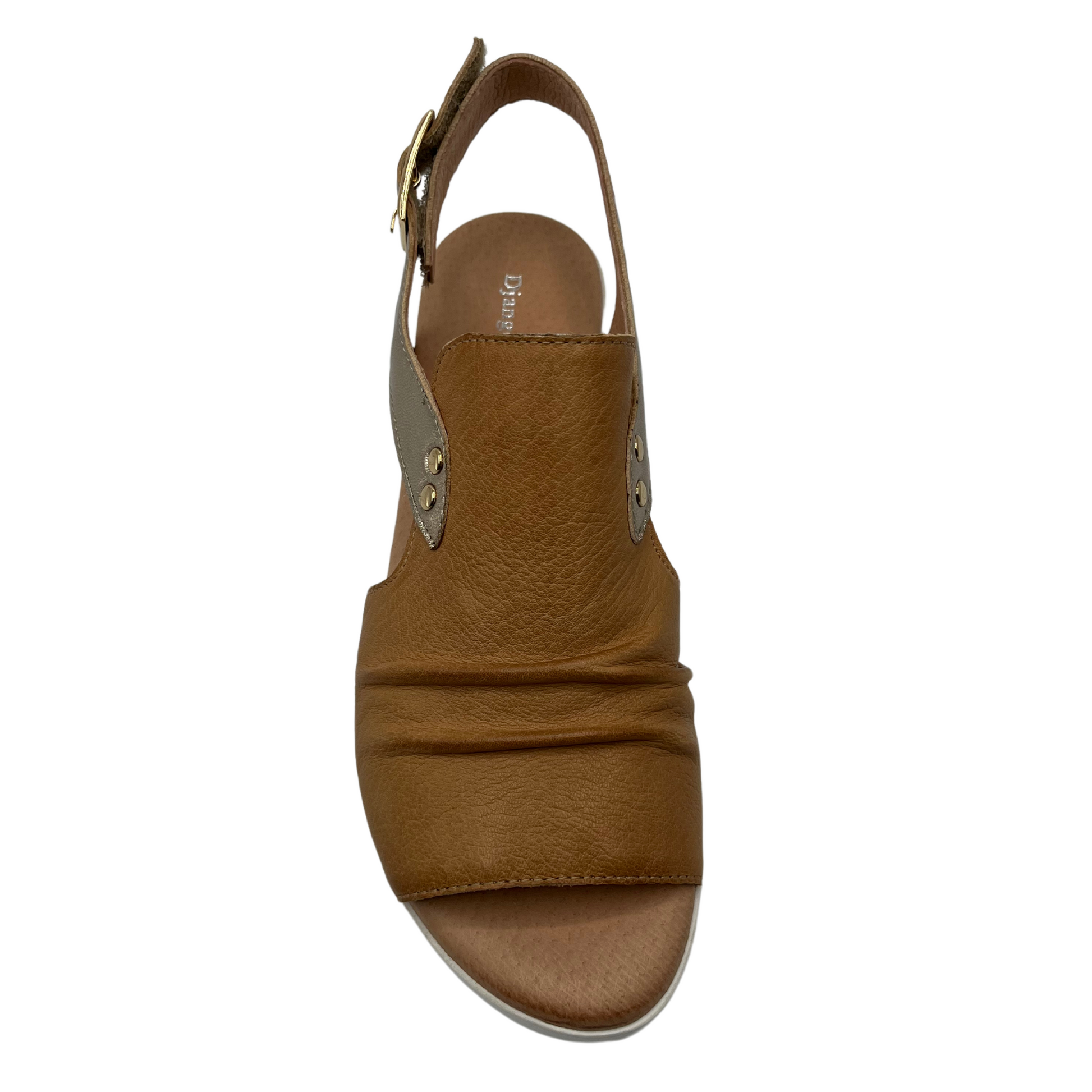 Top view of brown leather sandal with open toe and gold slingback strap