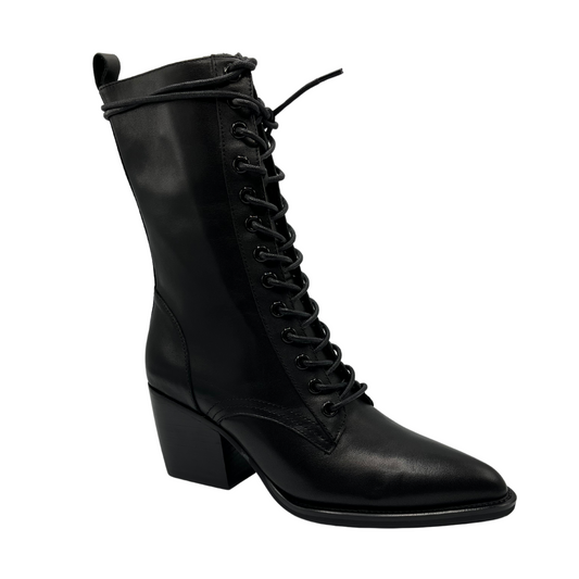 45 degree angled view of black calf-height boot with lace up front, pointed toe and stacked heel