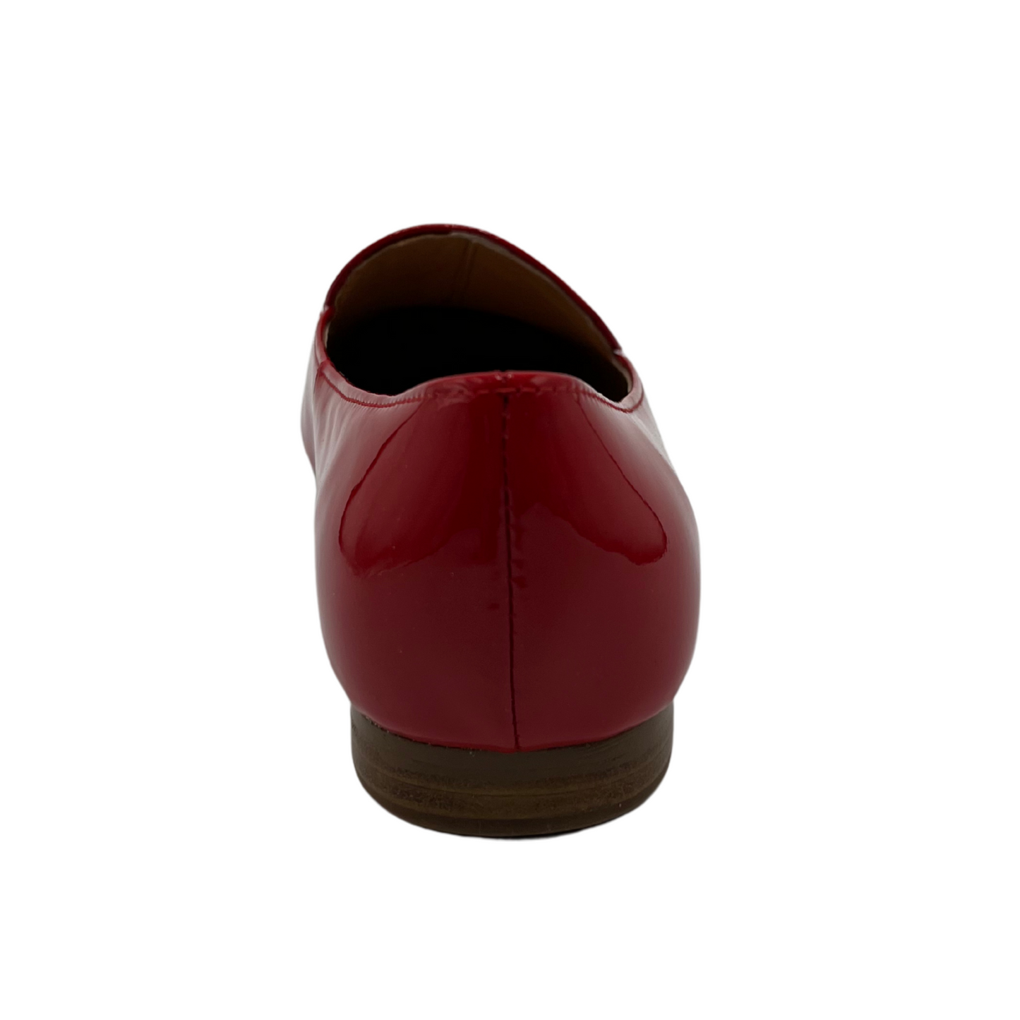 Back view of a red patent leather loafer with a 0.8" heel and a gold and red tassel accent on the toe box.