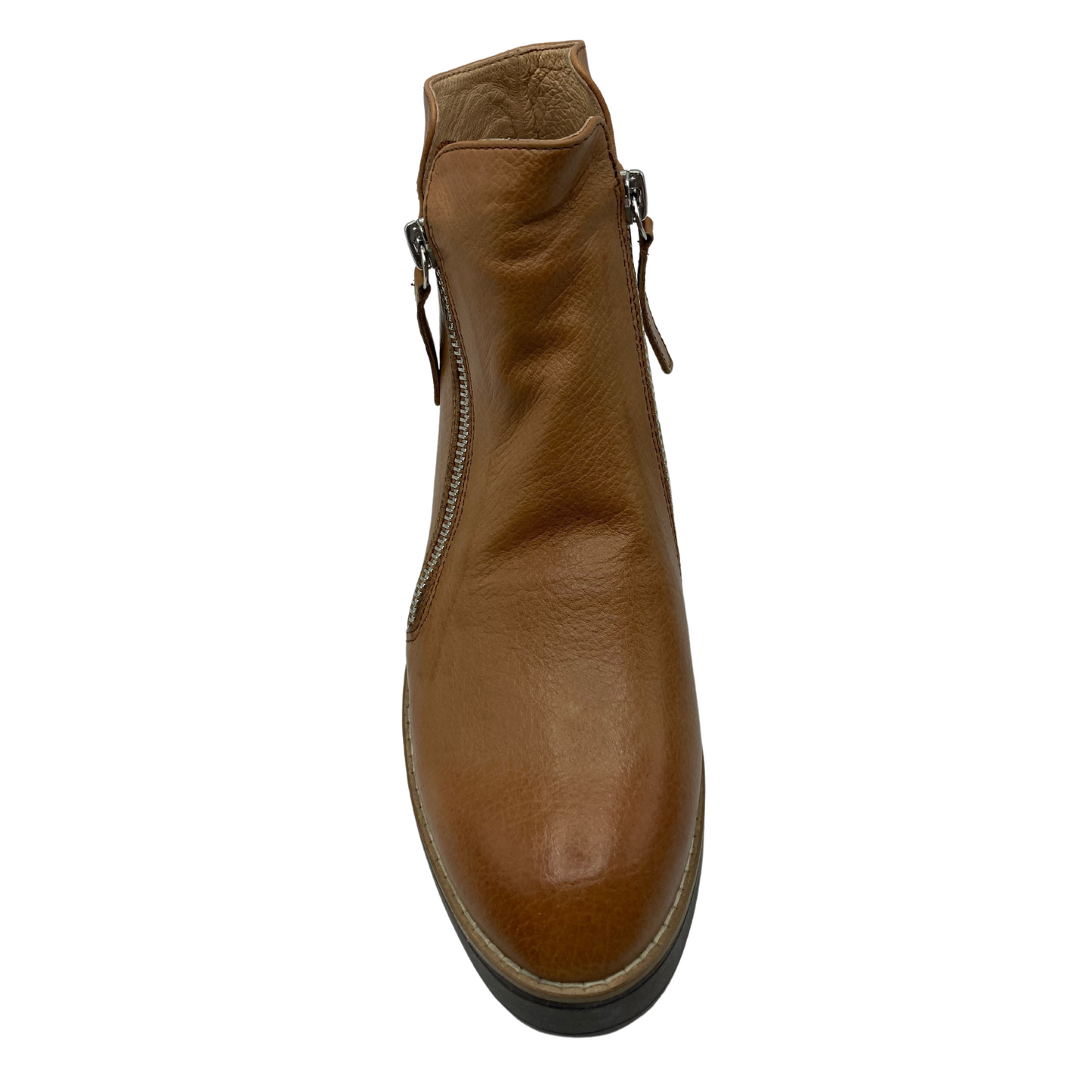 Top view of short brown leather boot with double zippers and rounded toe