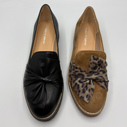 Two loafer style slip-on shoes from Django & Juliette, shown side by side on a light gray background.