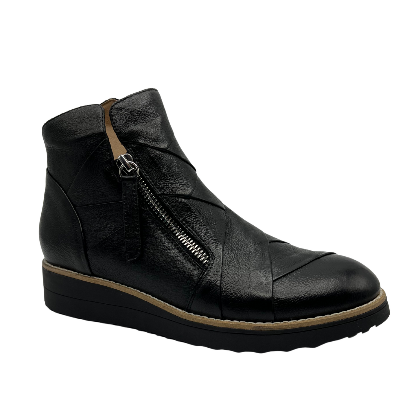 45 degree angled view of black leather short boots with weave design on the upper with double zipper closures