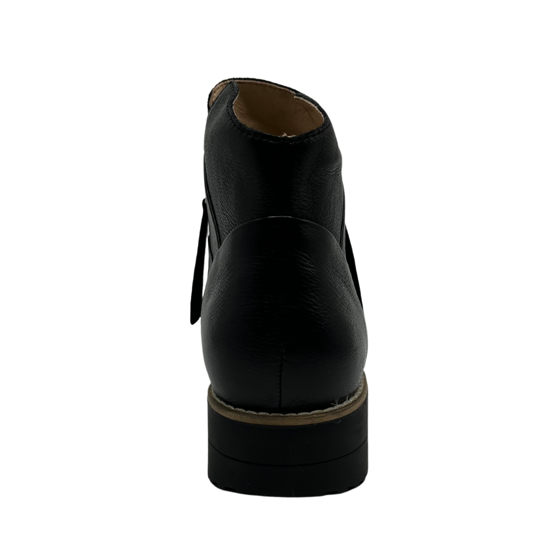 Back view of black leather short boots with weave design on the upper with double zipper closures