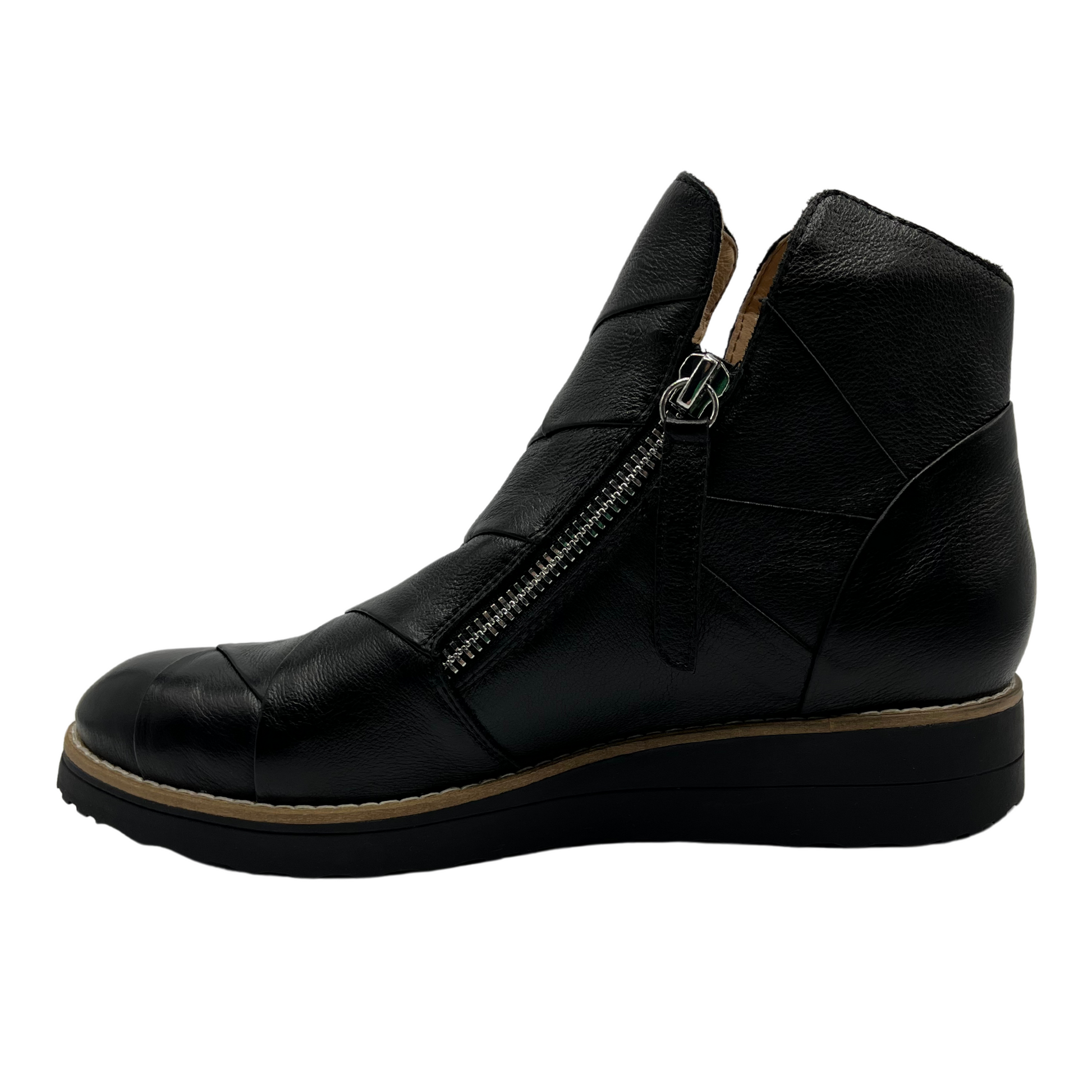 Left facing view of black leather short boots with weave design on the upper with double zipper closures