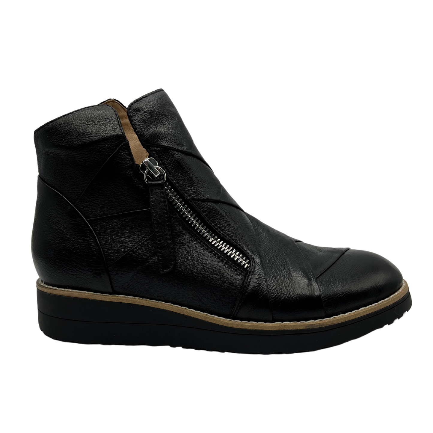 Right facing view of black leather short boots with weave design on the upper with double zipper closures