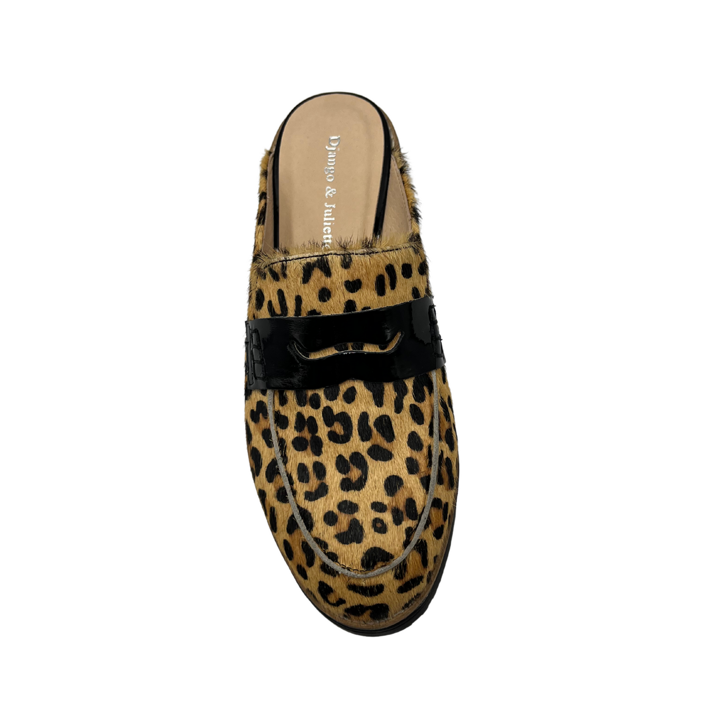 Top view of leather slip on loafer in a leopard print and black patent strap on upper. Low wedge black sole and leather lined.