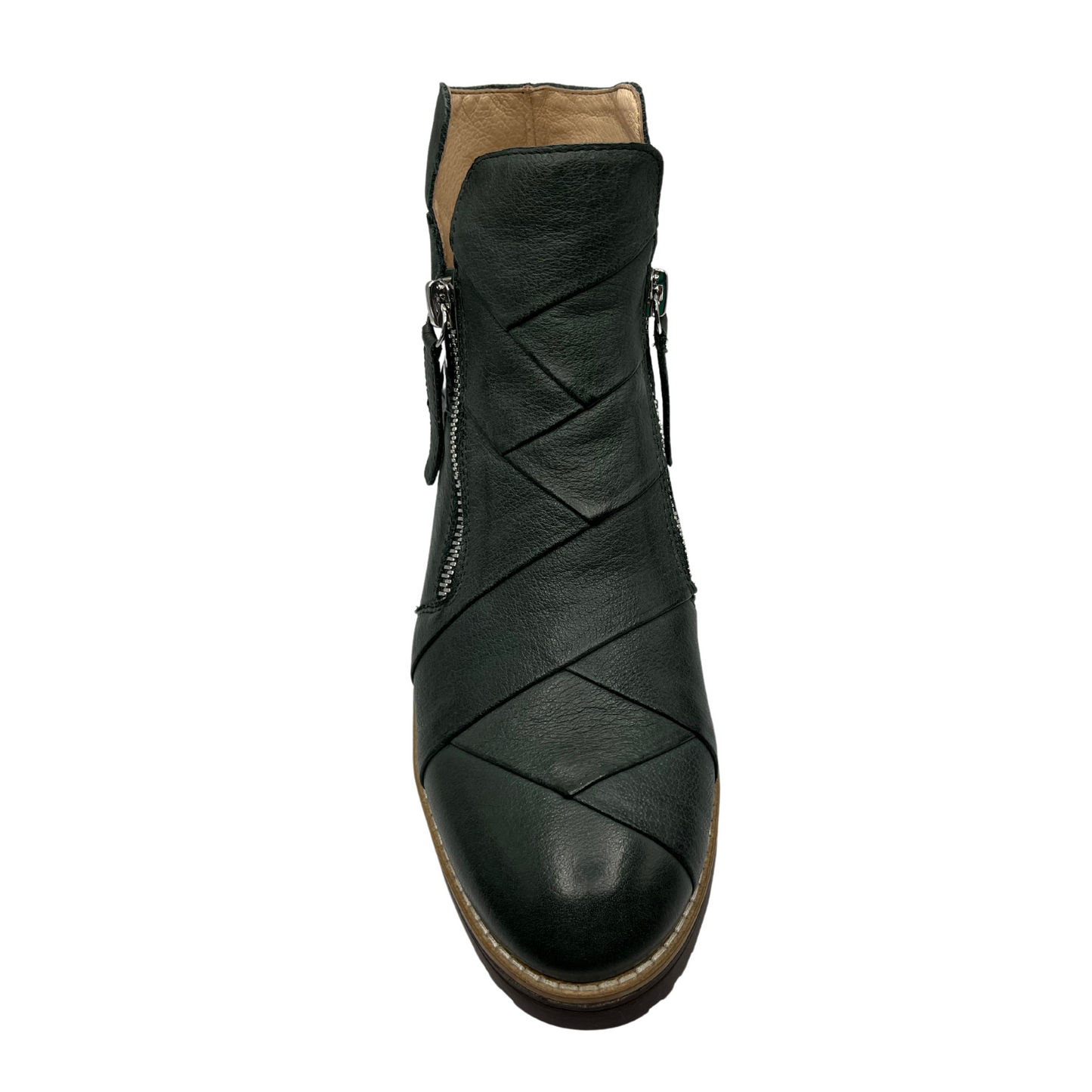 Top view of green leather short boots with weave design on the upper with double zipper closures