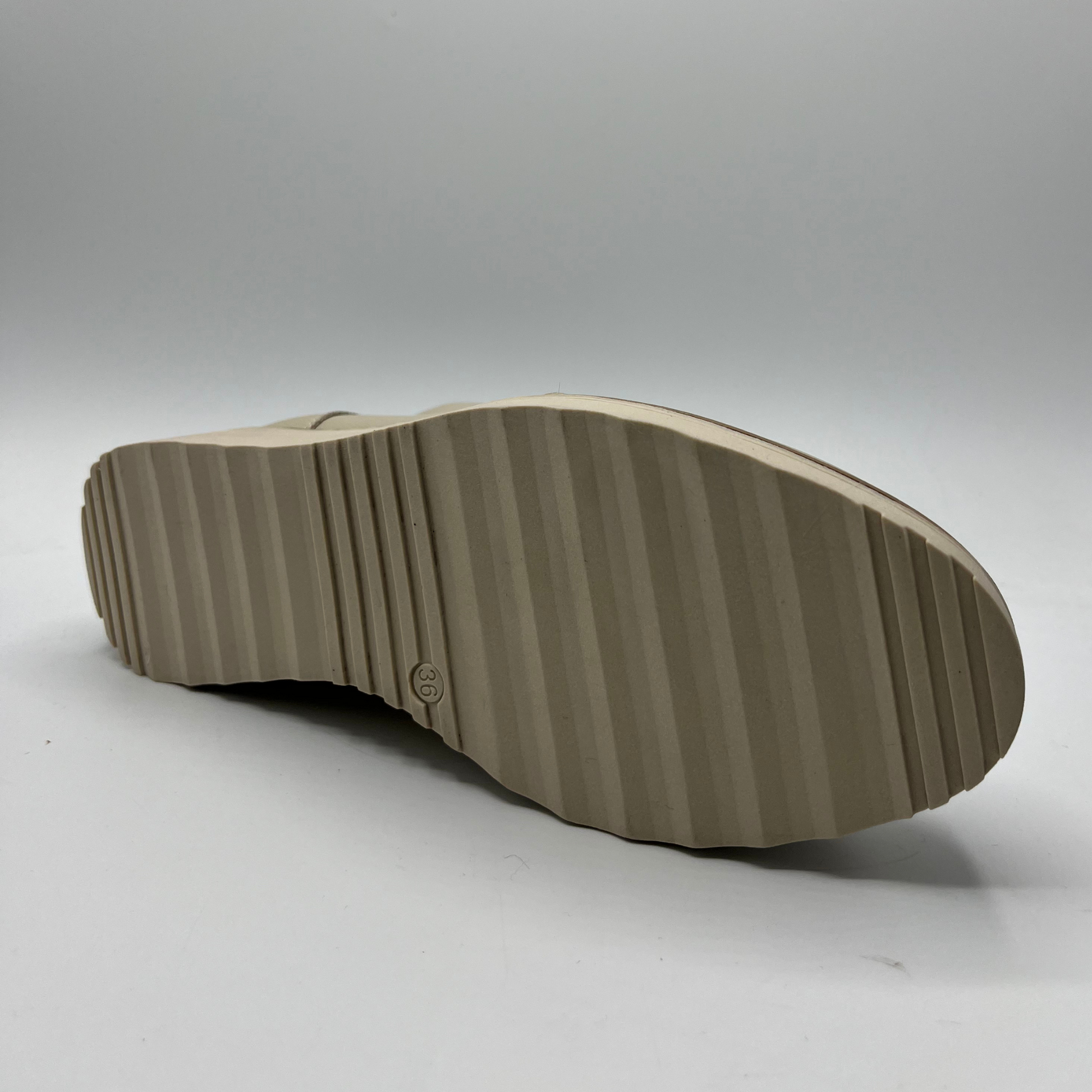 Close-up of a brown shoe sole on a gray background
