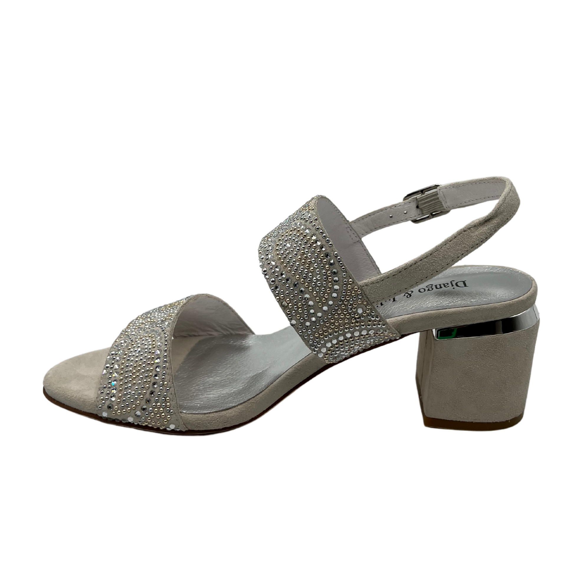 Left facing view of silver suede and leather sandal with beaded details and sling back strap
