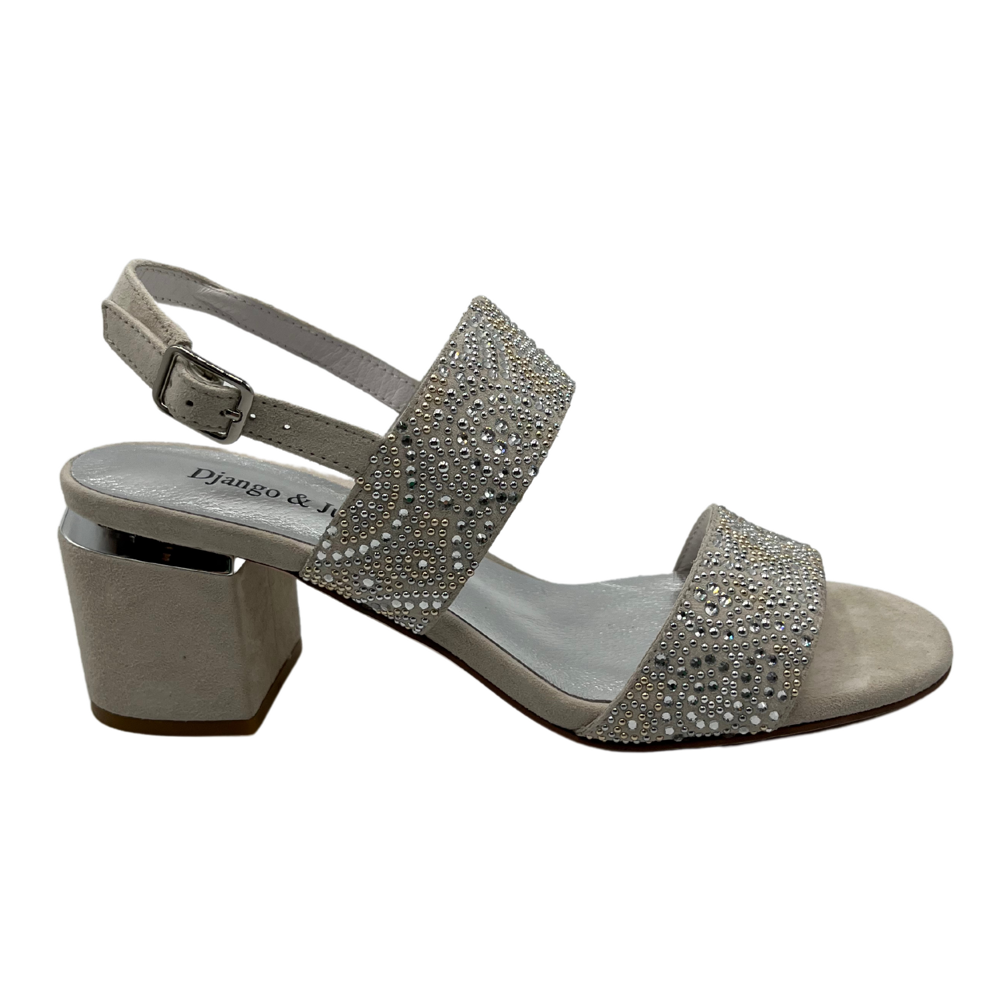 Right facing view of silver suede and leather sandal with beaded details and sling back strap