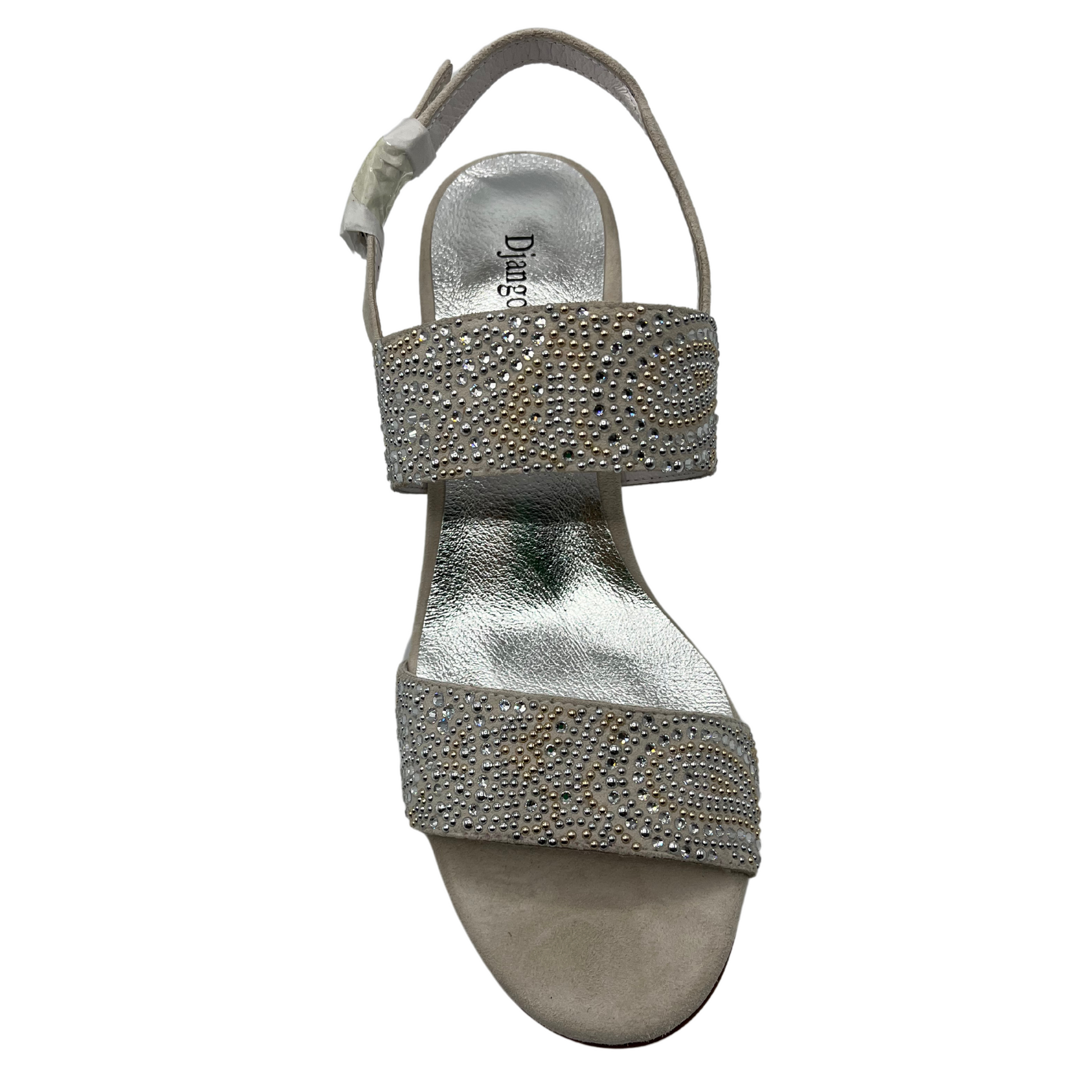 Top view of silver suede and leather sandal with beaded details and sling back strap