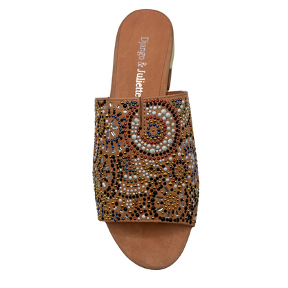 Top view of salmon pink mule sandal with beaded detail on upper and rounded toe
