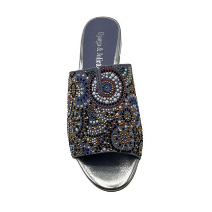 Top view of denim blue mule sandal with beaded detail on upper and rounded toe