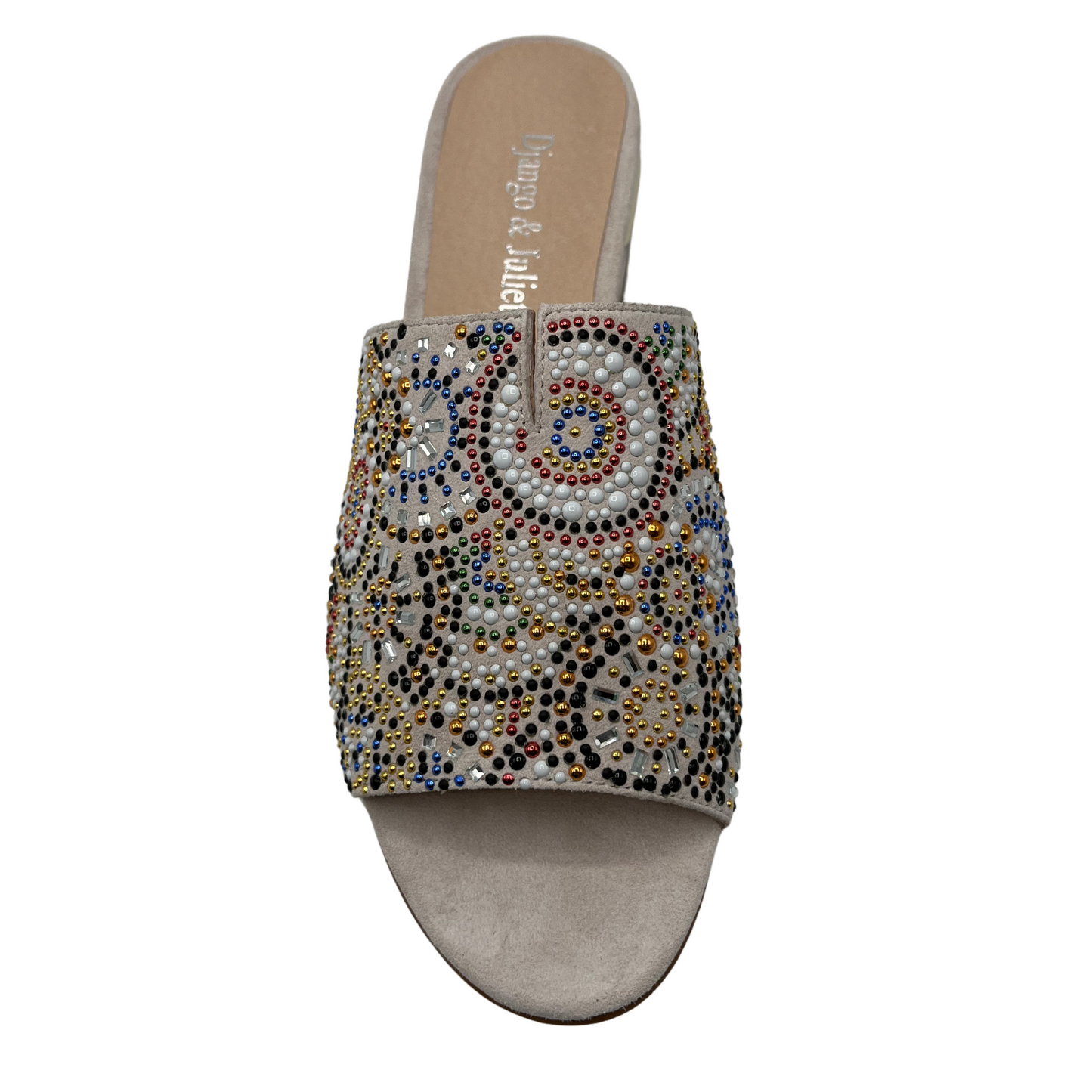 Top view of nude mule sandal with beaded detail on upper