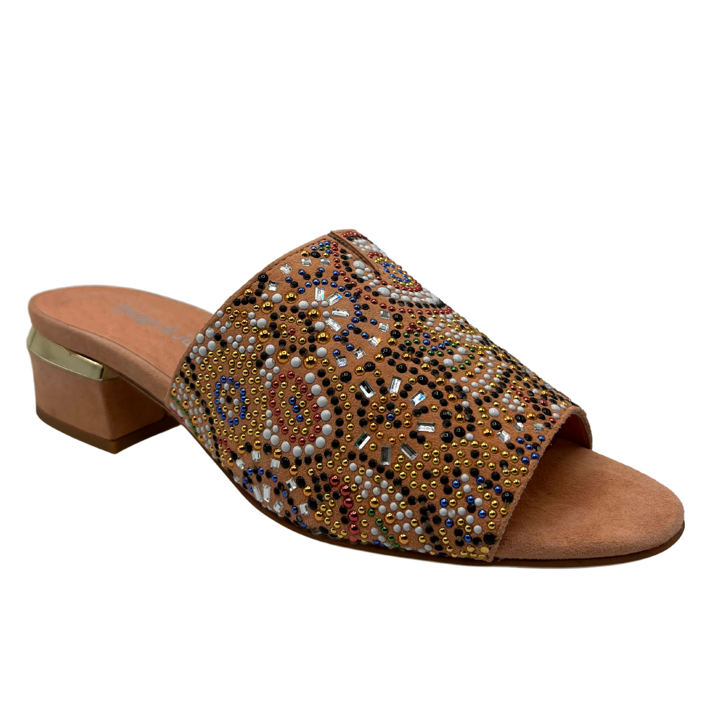 45 degree angled view of leather and suede mule sandal with beaded detail on upper