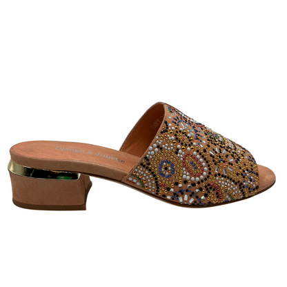 Right facing view of salmon coloured mule sandal with beaded detail on upper