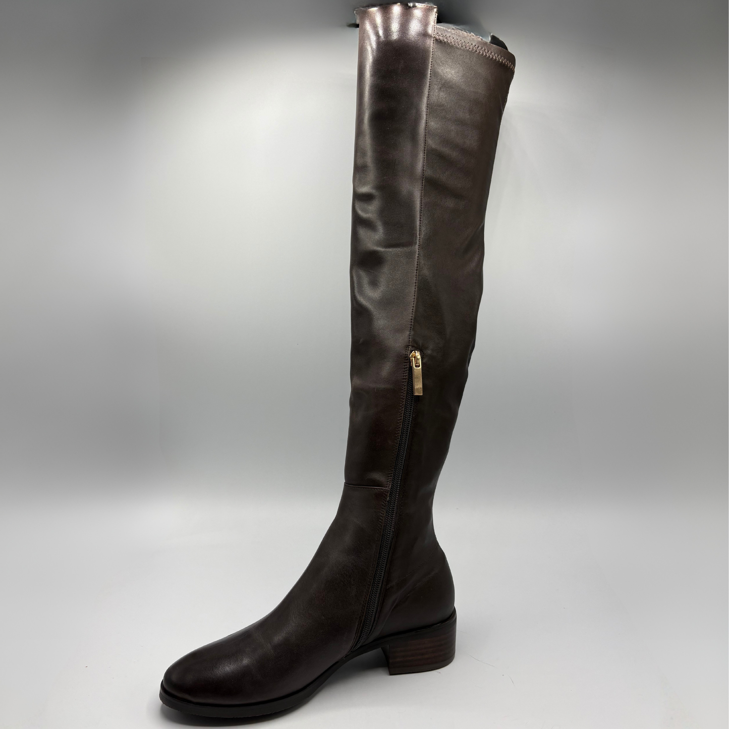 A dark brown leather over-the-knee boot with a side zipper and a small gold pull tab, shown against a gray studio background.