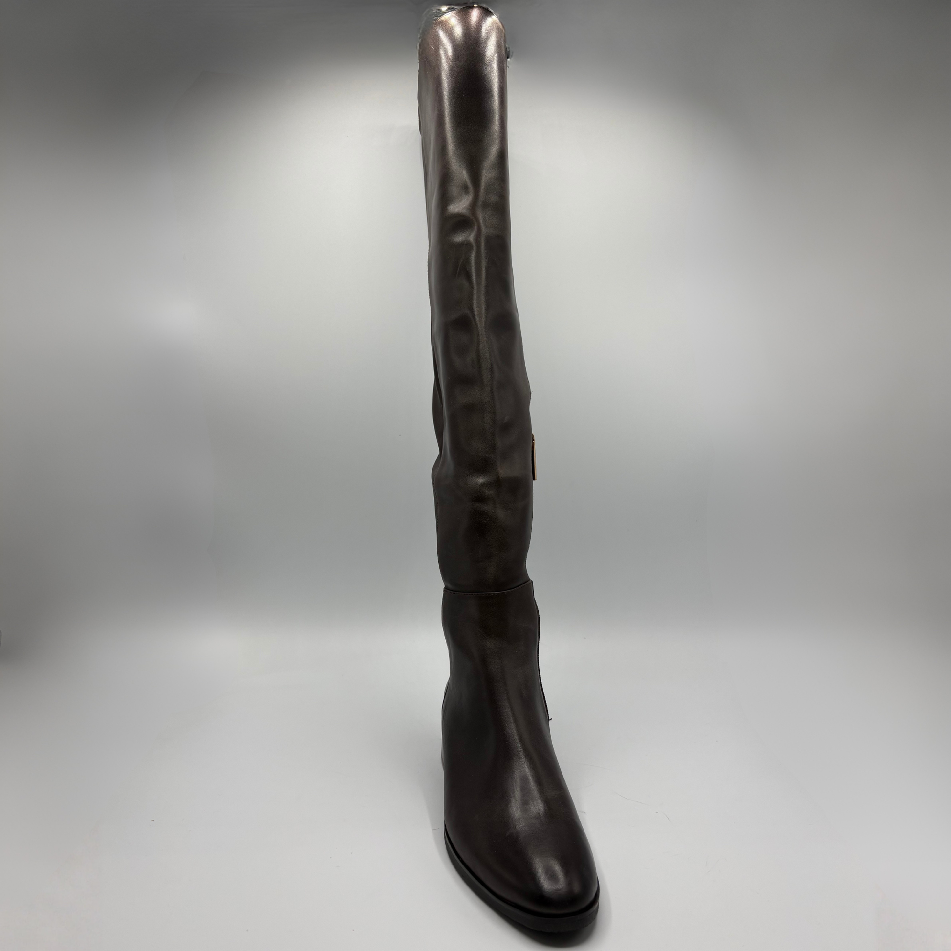 A single dark brown leather knee-high boot with a pointed toe and low black heel, photographed against a neutral gray studio background.
