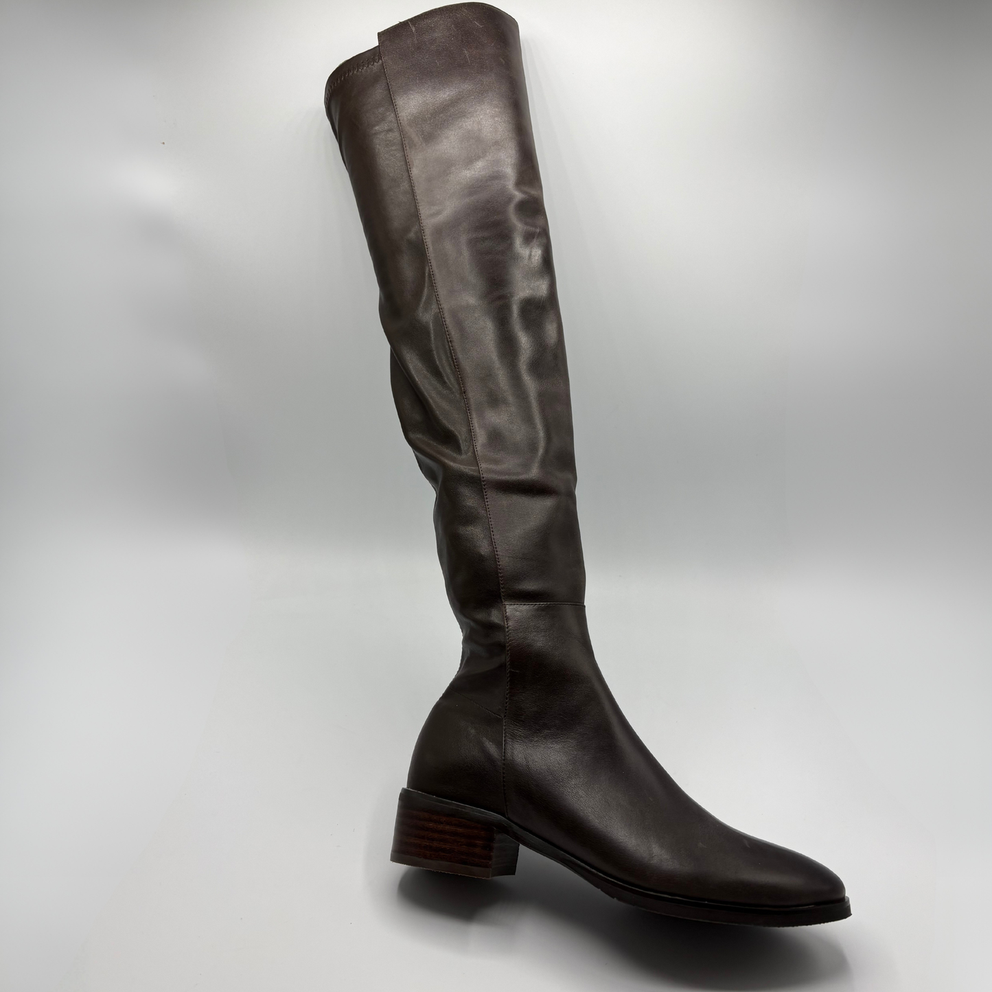 A single dark brown leather knee-high boot with a low stacked block heel, shown from a side profile against a light gray studio background.