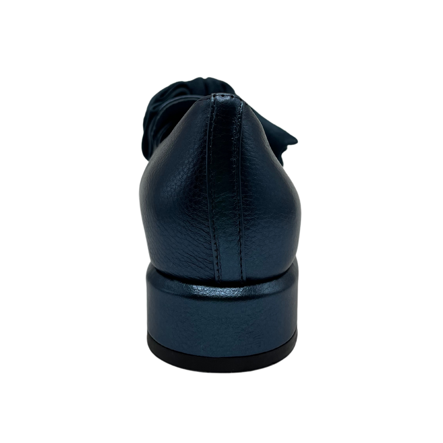 Back view of metallic blue leather heeled shoes with a velvet knotted bow detail and rounded toe