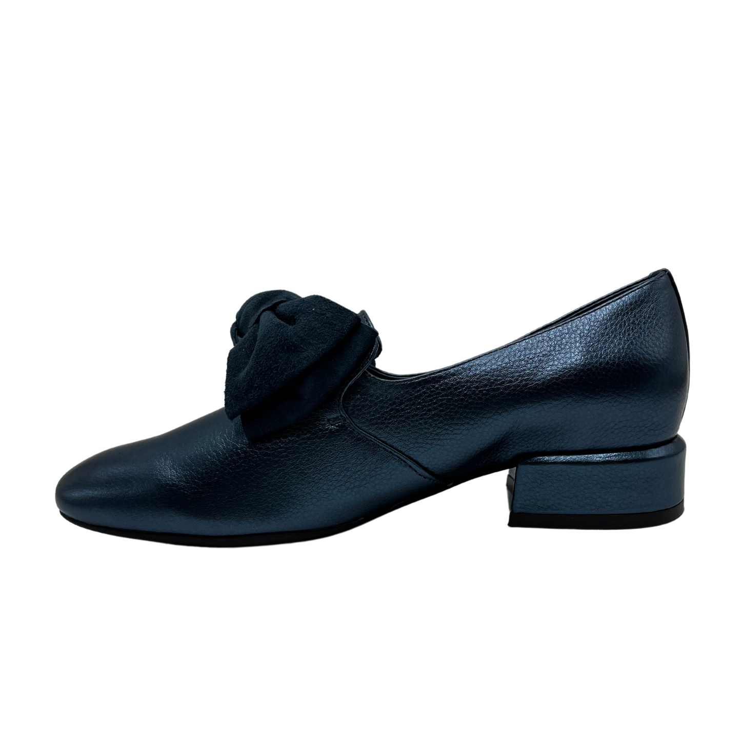 Left facing view of metallic blue leather heeled shoes with a velvet knotted bow detail and rounded toe