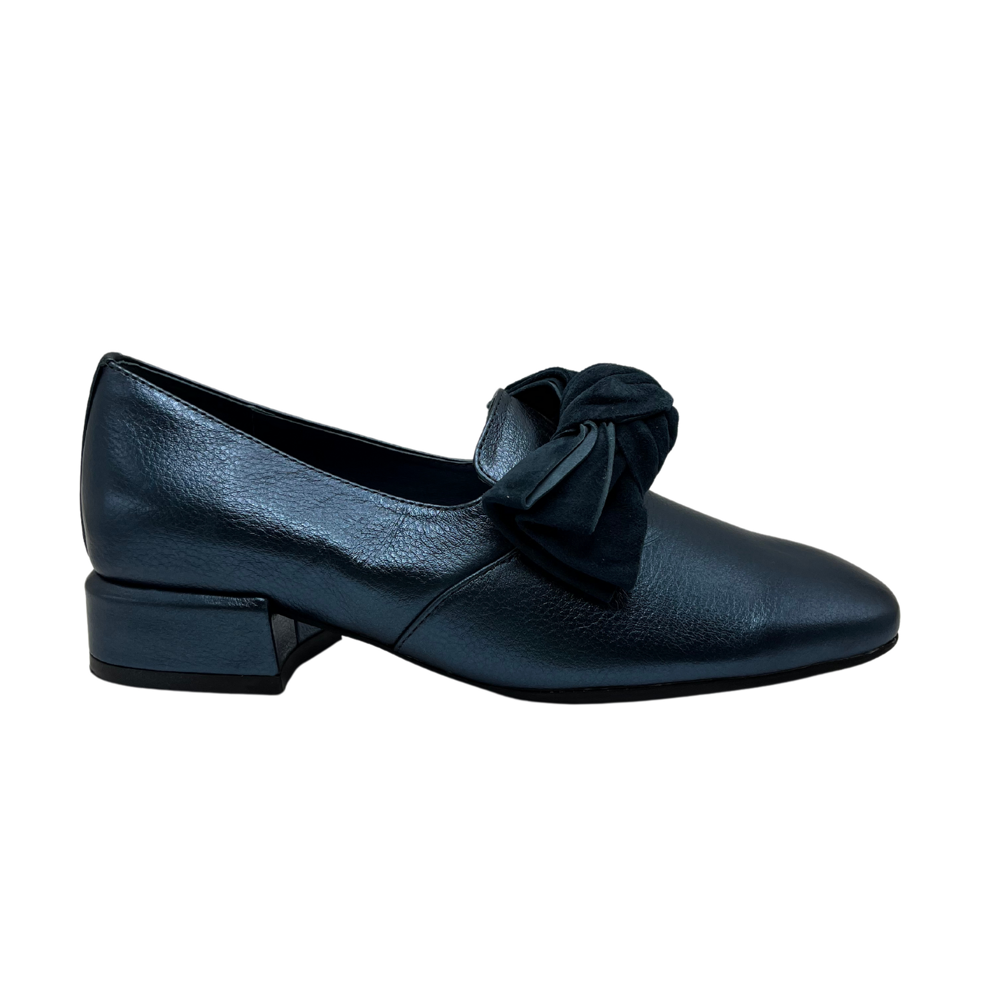 Right facing view of metallic blue leather heeled shoes with a velvet knotted bow detail and rounded toe