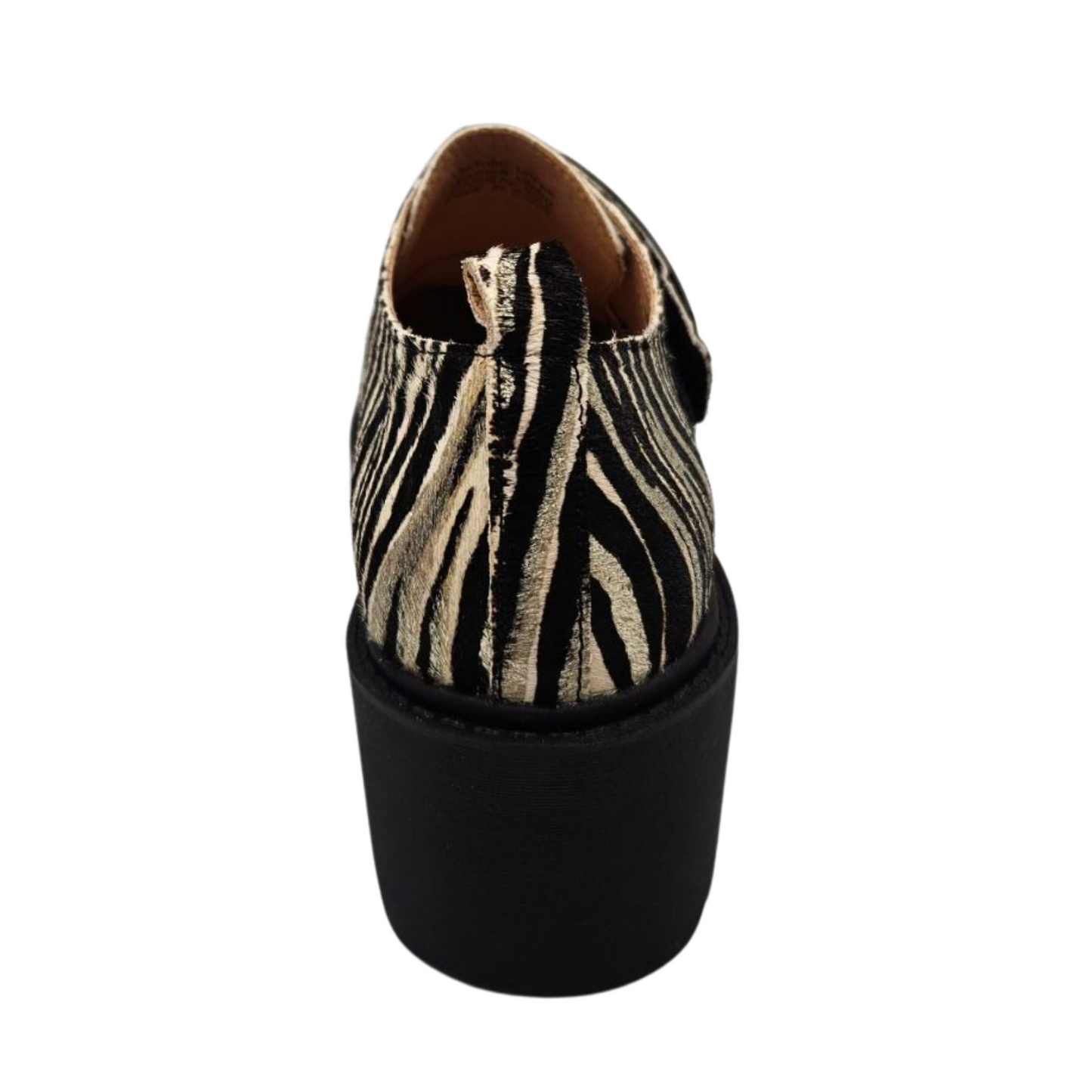 Back view of leather zebra print loafer. Velcro strap, pull on heel tab, rounded toe and leather lining.