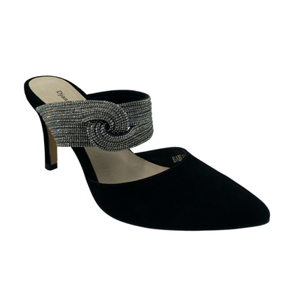 45 degree angled view of black suede heel with pointed toe and gem studded strap