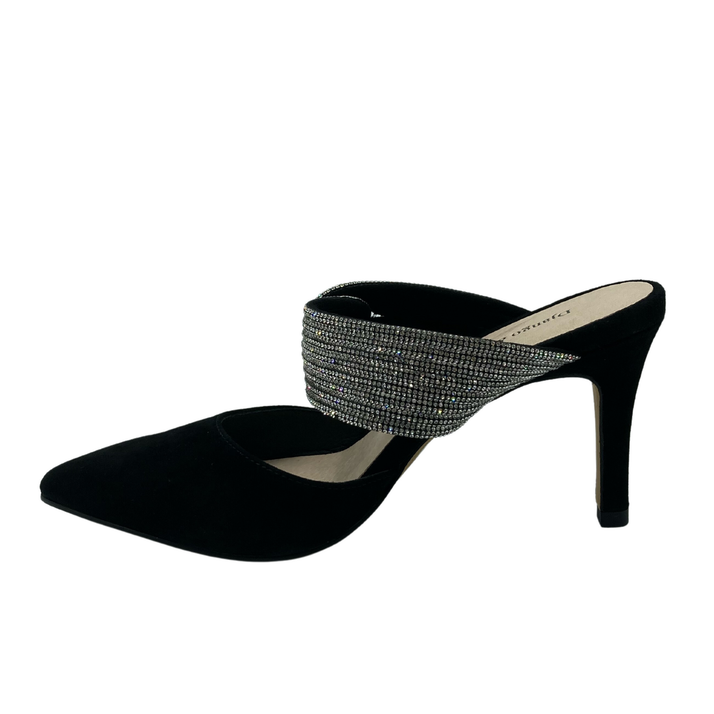 Left facing view of black suede heel with pointed toe and gem studded strap
