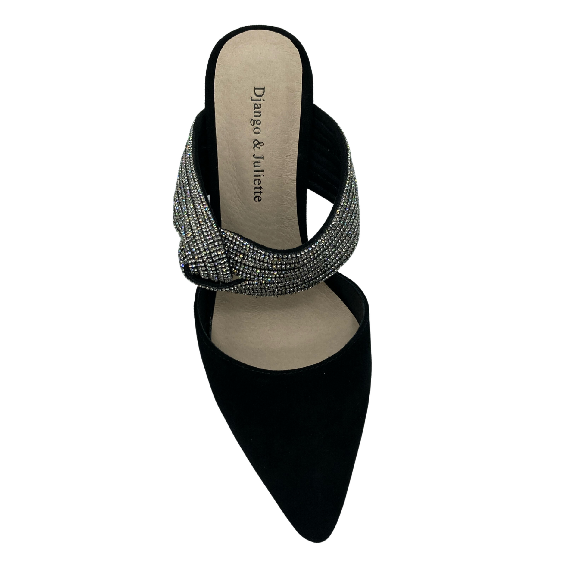 Top view of black suede heel with pointed toe and gem studded strap with knot detail