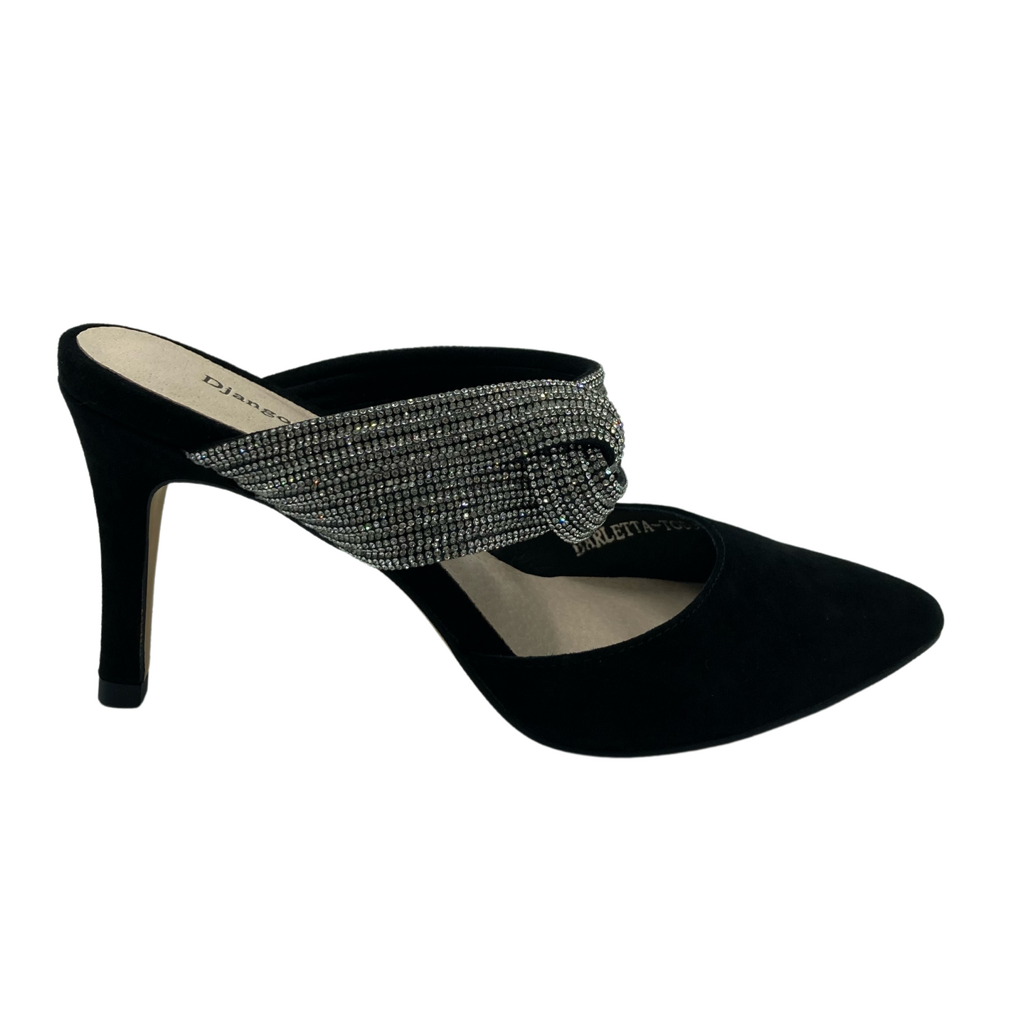 Right facing view of black suede heel with pointed toe.  Gem studded strap has knot detail