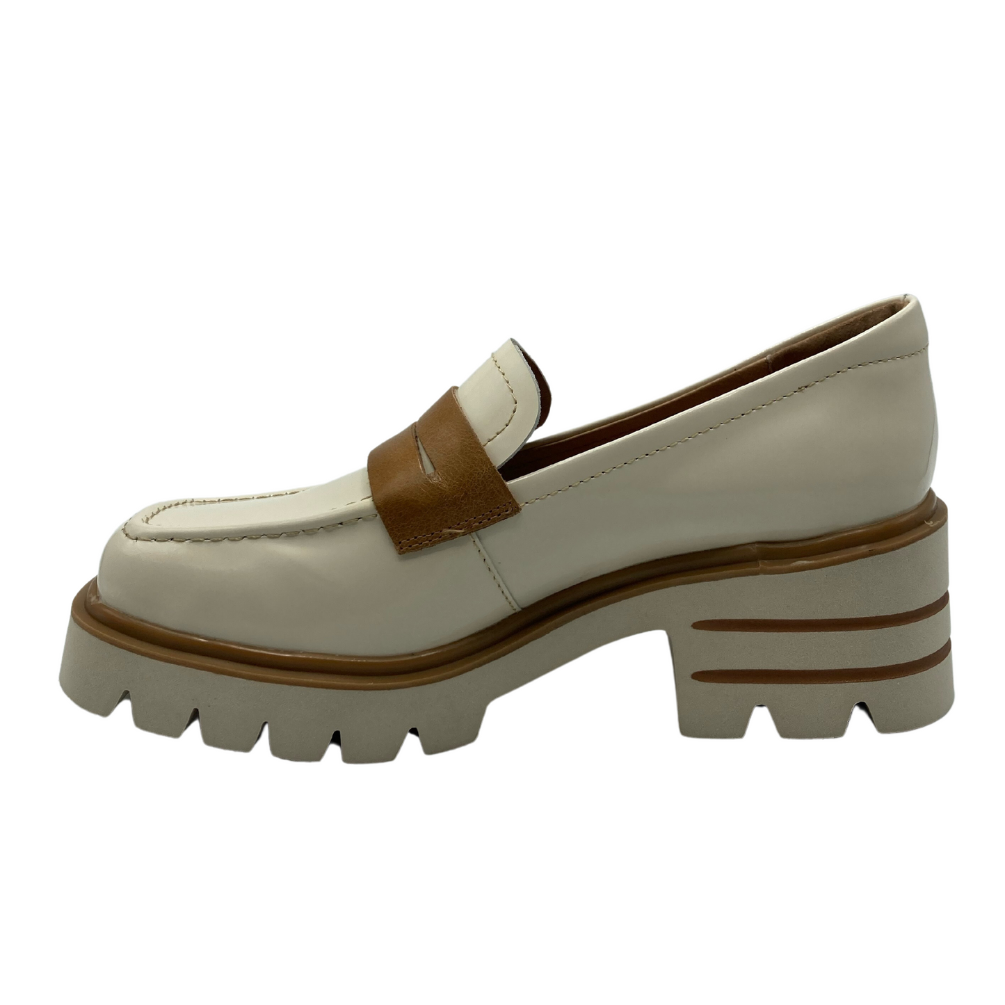 Left facing profile view of leather loafer with chunky heel and platform toe
