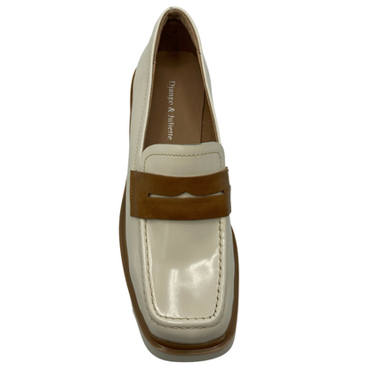 Top view of square toe vanilla loafer with tan leather detail on upper