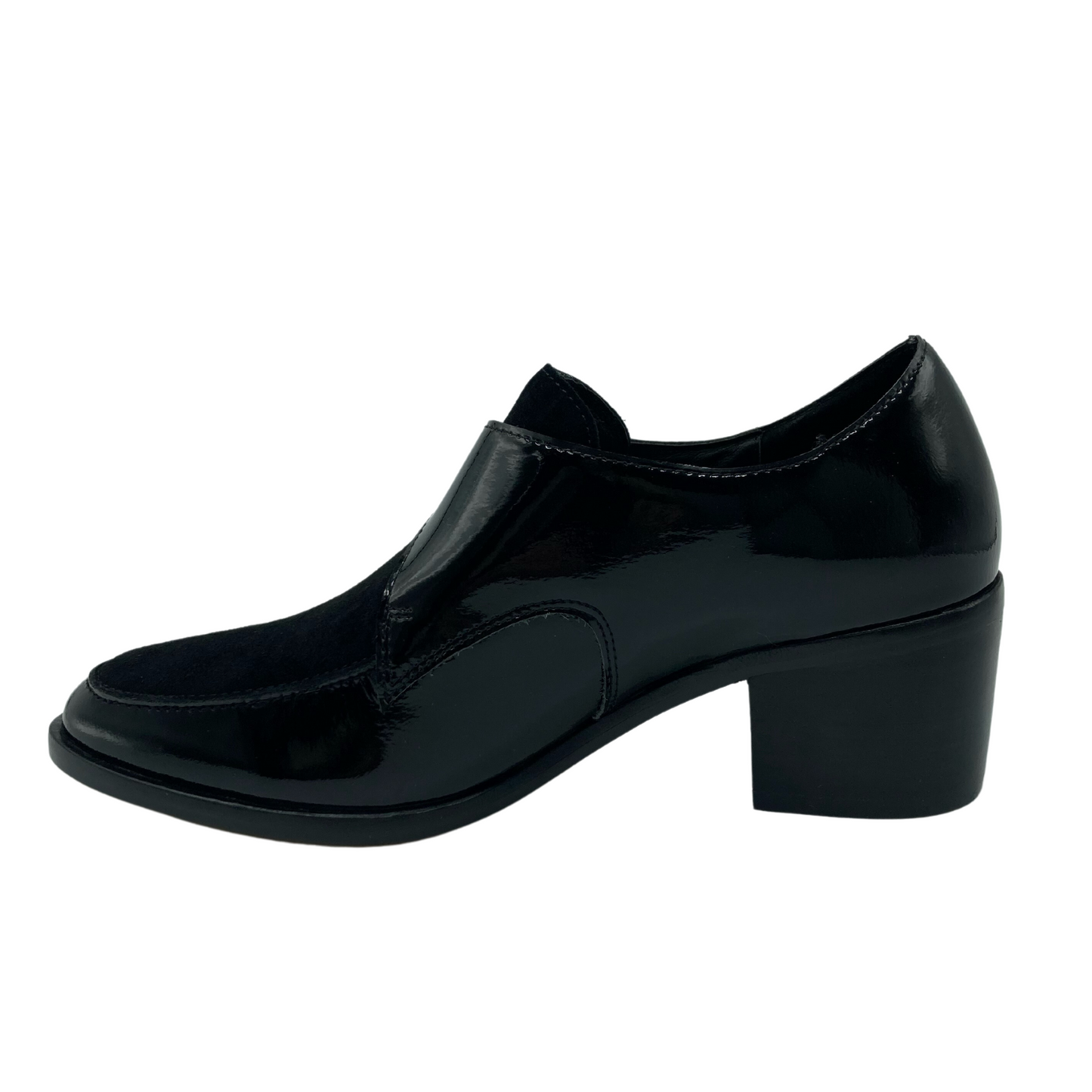 Left facing view of block heeled, black leather loafer