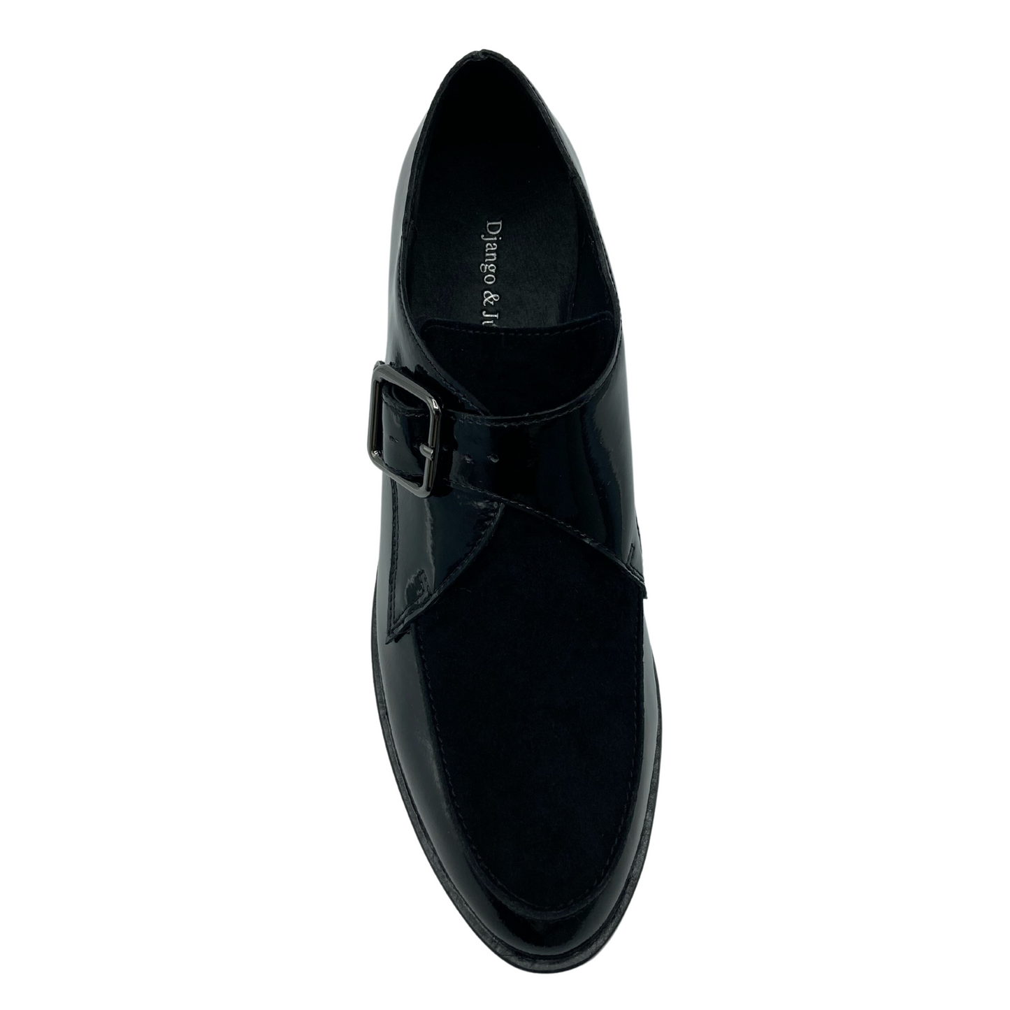 Top view of black patent and suede loafer with silver buckle detail and pointed toe